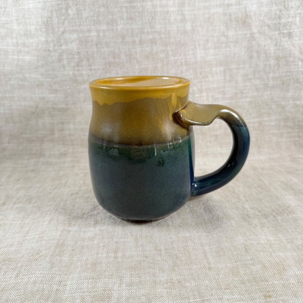 Artisan Whale Tail Handle Ceramic Mug Teal Blue Yellow Drip Glaze Nautical 16oz